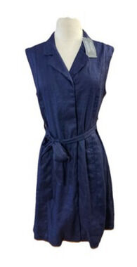 Halston Stretch Linen Sleeveless Dress Sz 6 New Blue Knee Length Luxury Preppy